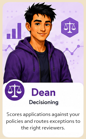 Dean, the decisioning agent — applies policy rules consistently and flags exceptions.